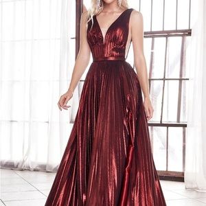 Cinderella Divine - CD160 Deep V Neck High Slit Metallic Pleated Gown